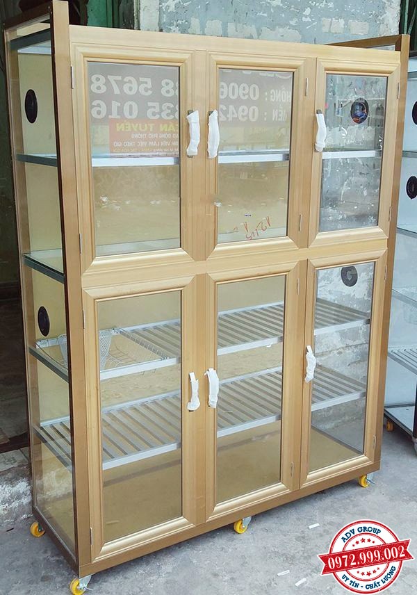 Báo giá tủ nhôm kính, Tủ bếp nhôm kính, tủ kính trưng bày giá rẻ 10 tủ trưng bày màu vàng đồng