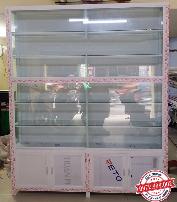 Báo giá tủ nhôm kính, Tủ bếp nhôm kính, tủ kính trưng bày giá rẻ 5 tủ trưng bày màu trắng sữa để phụ tùng ga